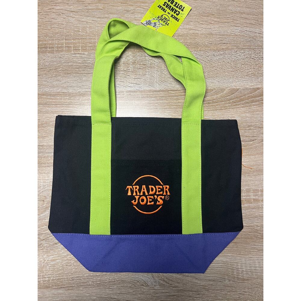 Trader Joe's Mini Halloween Purple Green Orange Canvas Tote Bag - NEW